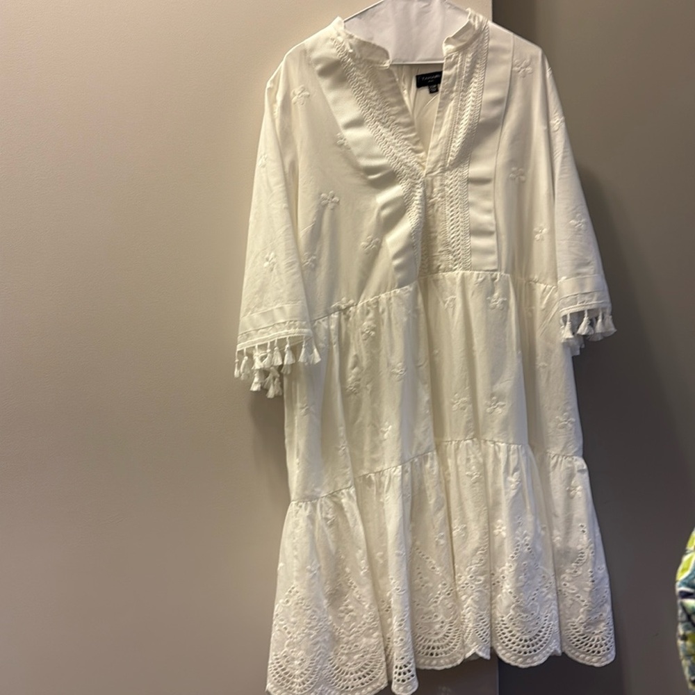 Tahari ASL Size 20W Eyelet Embroidered Cotton Babydoll White Dress